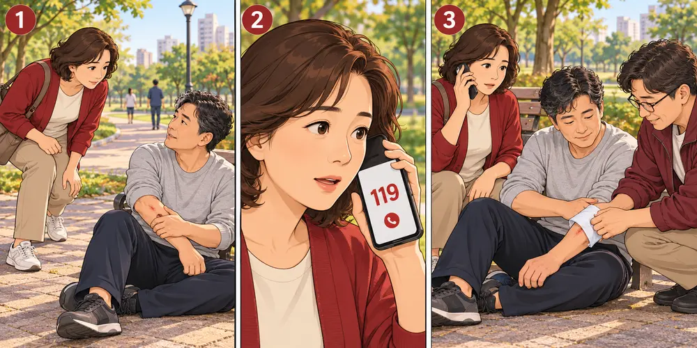 현장 안전 확인, 119 신고, 도움을 주는 모습을 담은 세 컷 만화